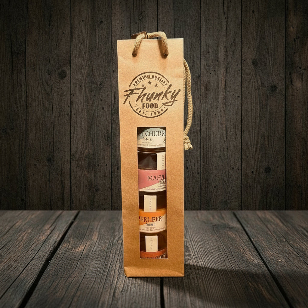 Entdecken Sie das Fhunky Saucen Set mit handverlesenen Premium-Saucen im praktischen Tragbeutel. Perfekt als Geschenk oder für Feinschmecker. Jetzt bestellen!